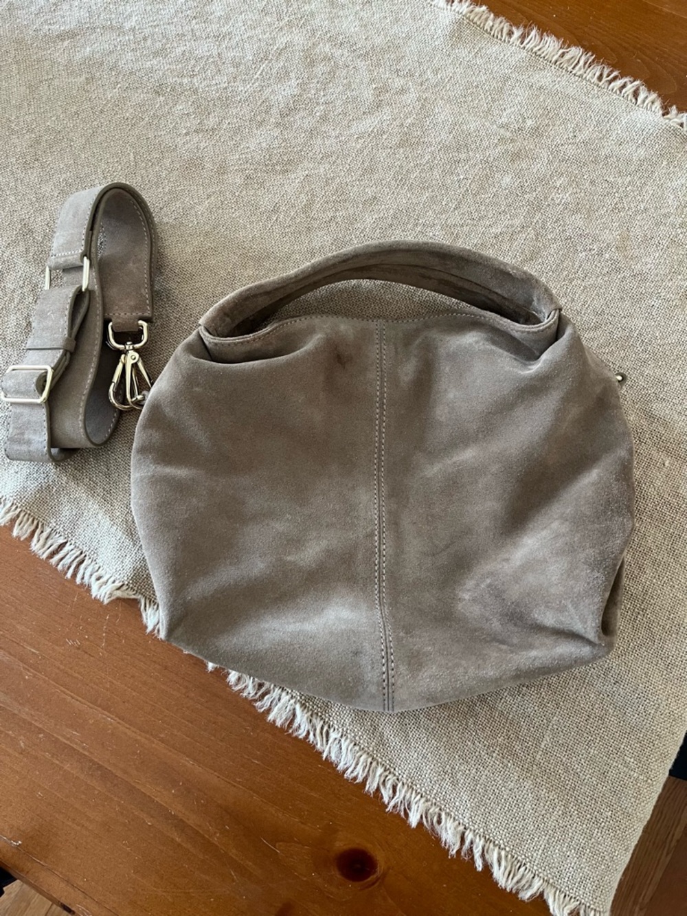 Neutral Taupe Suede Hobo Satchel with Detachable Strap